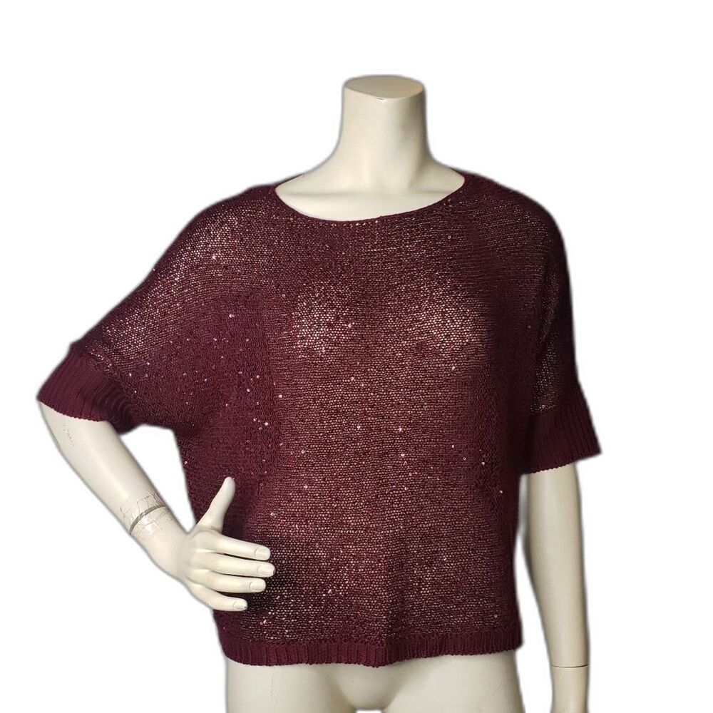DRESS BARN Sweater Maroon Sequin Semi Sheer Top Size Large Petite NEW